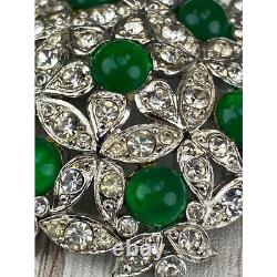 Capri Green Cabochon and Clear Rhinestone Brooch or Pin Vintage 1960s Floral Fig