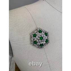 Capri Green Cabochon and Clear Rhinestone Brooch or Pin Vintage 1960s Floral Fig