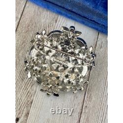 Capri Green Cabochon and Clear Rhinestone Brooch or Pin Vintage 1960s Floral Fig