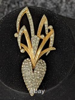 Castlecliff Signed Brooch Gold-Tone Pave Rhinestone Leaf Heart 3 Vintage