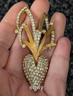 Castlecliff Signed Brooch Gold-Tone Pave Rhinestone Leaf Heart 3 Vintage
