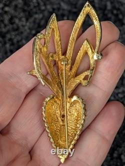 Castlecliff Signed Brooch Gold-Tone Pave Rhinestone Leaf Heart 3 Vintage