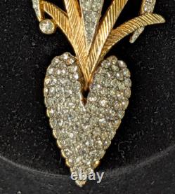 Castlecliff Signed Brooch Gold-Tone Pave Rhinestone Leaf Heart 3 Vintage