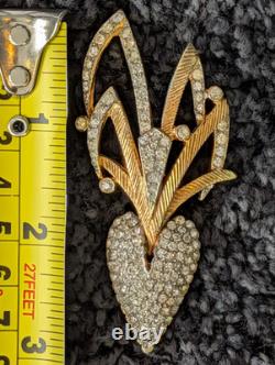 Castlecliff Signed Brooch Gold-Tone Pave Rhinestone Leaf Heart 3 Vintage