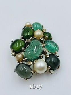 Castlecliff Vintage Gold Plated Poured Green Glass Gripoix Faux Pearl Brooch Pin