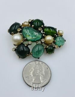 Castlecliff Vintage Gold Plated Poured Green Glass Gripoix Faux Pearl Brooch Pin