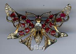 Castlecliff Vintage Gold Wash Sterling Ruby Red Rhinestone Butterfly Pin Brooch