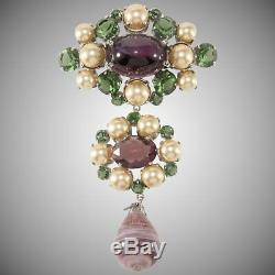 Christian Dior Brooch Pin 4.25 Purple & Green Glass Dangle Faux Pearl VTG 1960