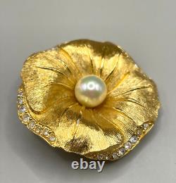 Christian Dior Vintage HTF Brooch Flower Imitation Pearl Rhinestone Gold-Tone