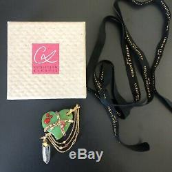 Christian Lacroix vintage brooch green heart rhinestones beads chain in box 90s