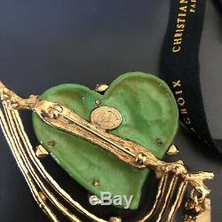 Christian Lacroix vintage brooch green heart rhinestones beads chain in box 90s