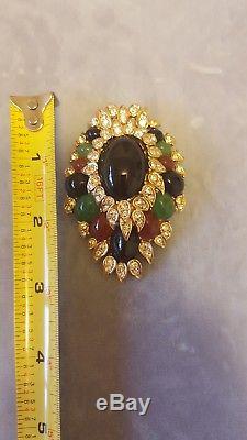 Ciner vintage multi colored faux Jade Carnelian and Onyx & rhinestone BIG brooch