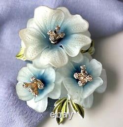 Coro Blue Lucite Flower Brooch White Enamel Rhinestones Signed Vintage