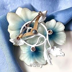 Coro Blue Lucite Flower Brooch White Enamel Rhinestones Signed Vintage