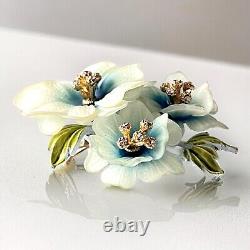 Coro Blue Lucite Flower Brooch White Enamel Rhinestones Signed Vintage