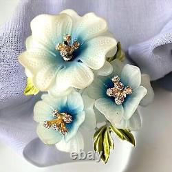 Coro Blue Lucite Flower Brooch White Enamel Rhinestones Signed Vintage