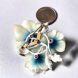 Coro Blue Lucite Flower Brooch White Enamel Rhinestones Signed Vintage