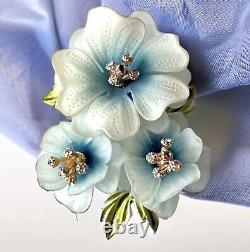 Coro Blue Lucite Flower Brooch White Enamel Rhinestones Signed Vintage