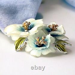 Coro Blue Lucite Flower Brooch White Enamel Rhinestones Signed Vintage