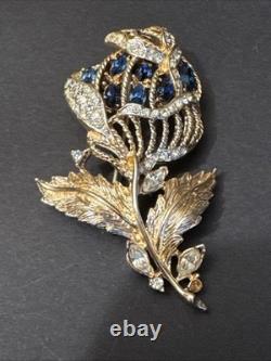 Coro Brooch Pin Flower Blue Crystals A Katz Vintage 1949 Singed Gold Plated