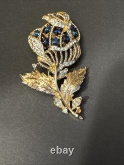 Coro Brooch Pin Flower Blue Crystals A Katz Vintage 1949 Singed Gold Plated