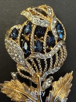 Coro Brooch Pin Flower Blue Crystals A Katz Vintage 1949 Singed Gold Plated