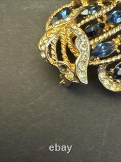 Coro Brooch Pin Flower Blue Crystals A Katz Vintage 1949 Singed Gold Plated