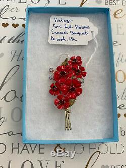 Coro Brooch Vintage 1950ss Red AB Rhinestone Enamel Bouquet Flowers Pin