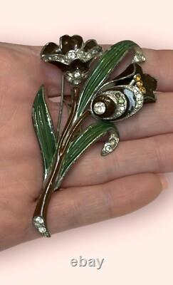 Coro Large Figural Double Flower Brooch Enameled & Rhinestone Vintage Pot Metal