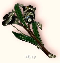 Coro Large Figural Double Flower Brooch Enameled & Rhinestone Vintage Pot Metal