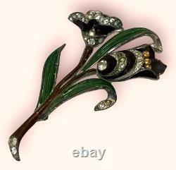 Coro Large Figural Double Flower Brooch Enameled & Rhinestone Vintage Pot Metal