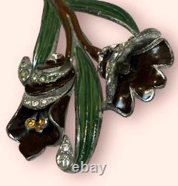 Coro Large Figural Double Flower Brooch Enameled & Rhinestone Vintage Pot Metal