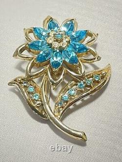 Corocraft Vintage Blue Rhinestone Flower Brooch Pin Signed