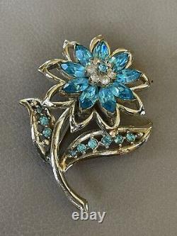 Corocraft Vintage Blue Rhinestone Flower Brooch Pin Signed