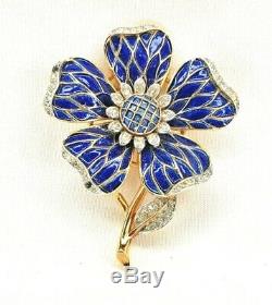 Crown Trifari Blue Harlequin Enamel Rhinestone Pave Flower Brooch Rare VtG
