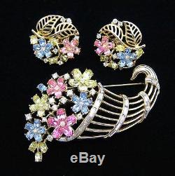 Crown Trifari Cornucopia Brooch Earring Set Pastel Rhinestones Flower Basket Vtg