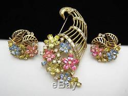 Crown Trifari Cornucopia Brooch Earring Set Pastel Rhinestones Flower Basket Vtg