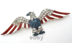 Crown Trifari Eagle Brooch Patiotic Red White & Blue Enamel Rhinestones Vintage