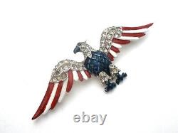 Crown Trifari Eagle Brooch Patiotic Red White & Blue Enamel Rhinestones Vintage