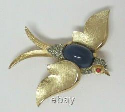 Crown Trifari Fantasies Swallow Bird Brooch Blue Belly Rhinestone Vtg Pin 2-1/8