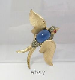 Crown Trifari Fantasies Swallow Bird Brooch Blue Belly Rhinestone Vtg Pin 2-1/8