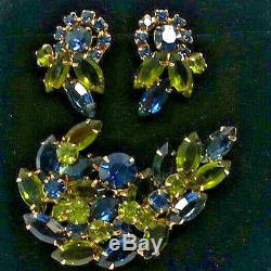 D&E JULIANA Vintage AB Rhinestone BROOCH PIN & EARRINGS SET Blue AURORA BOREALIS