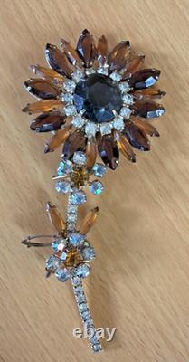 D&E Juliana Shades of Autumn Topaz Skinny Navette 5 Sunflower Brooch VTG Boho