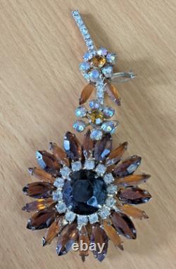 D&E Juliana Shades of Autumn Topaz Skinny Navette 5 Sunflower Brooch VTG Boho