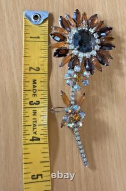 D&E Juliana Shades of Autumn Topaz Skinny Navette 5 Sunflower Brooch VTG Boho