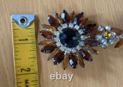 D&E Juliana Shades of Autumn Topaz Skinny Navette 5 Sunflower Brooch VTG Boho