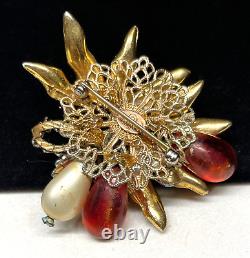 DeMario Brooch Rare Vintage Signed Gilt Red Glass R/S Flower 2-1/4 Pin A35