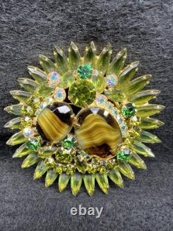 Delizza & Elster Juliana D&E Vintage Green Glass & Rhinestone Brooch STUNNING
