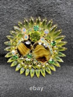 Delizza & Elster Juliana D&E Vintage Green Glass & Rhinestone Brooch STUNNING