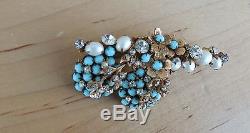 Demario Ny Brooch Pin Rhinestones Faux Pearls Faux Turquoise Rare Vintage
